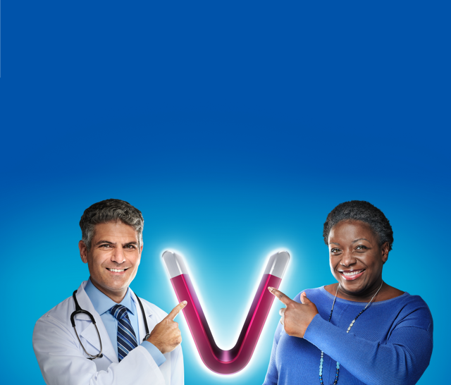 Image of healthcare provider and patient pointing to a V-shaped magnet