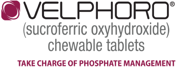 Logo for Velphoro(R) (sucroferric oxyhydroxide) chewable tablets, the most potent phosphate binder.
