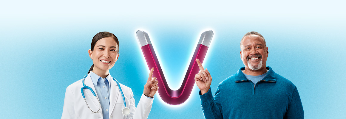 Image of healthcare provider and patient pointing to a V-shaped magnet